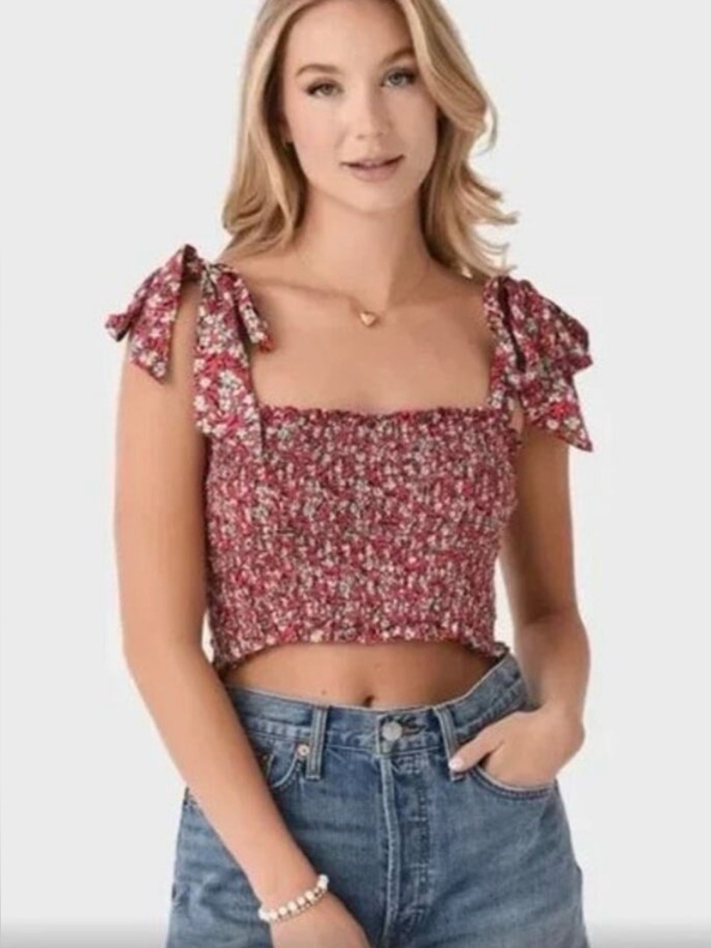 Smocked Tie-Shoulder Crop Top - Red Floral